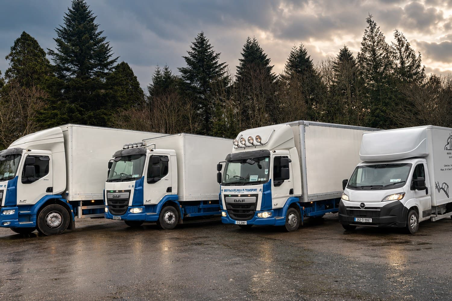 Esteeville standby trucks parked up under pines at dusk